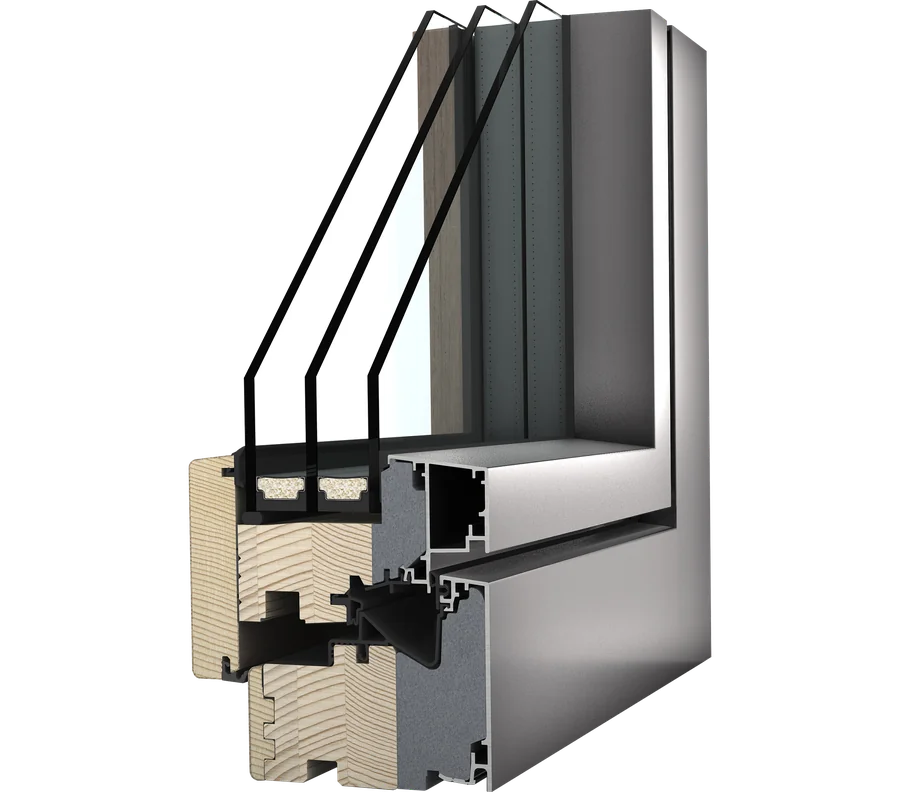 Okno drewniano-aluminiowe Internorm HF 410 — przekrój profilu